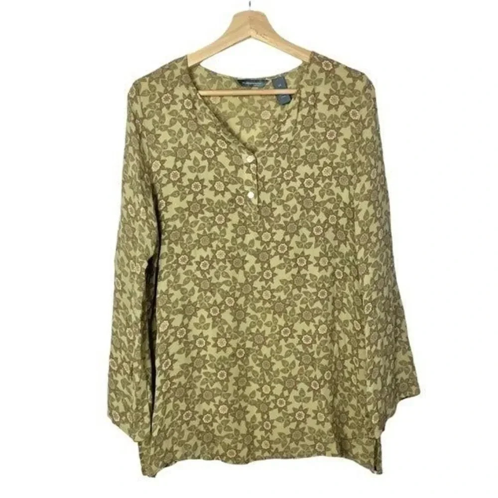 Hillard & Hanson Green Floral Long Sleeve Silk Blouse 1X